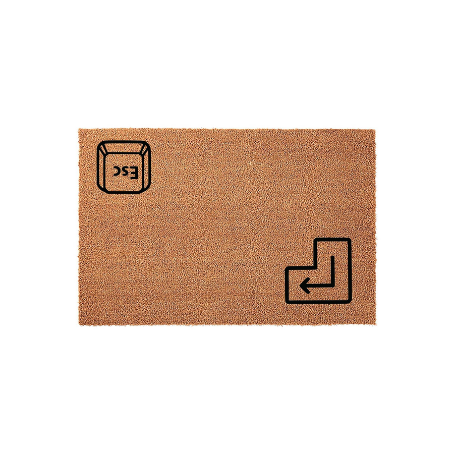 Computer Keyboard Esc and Enter Key Doormat featuring a natural coir texture with black printed graphics, designed for tech enthusiasts who want a fun and unique welcome mat for their home office or front entryway door.
