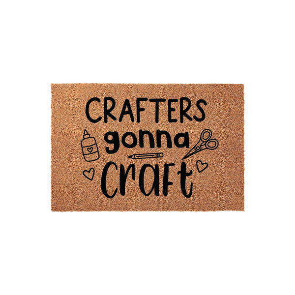 Crafters Gonna Craft coir doormat featuring a natural tan fiber texture with black printed text and cute illustrations of glue, scissors, and a pencil, making it a fun entryway rug for any dedicated hobbyist or creative craft