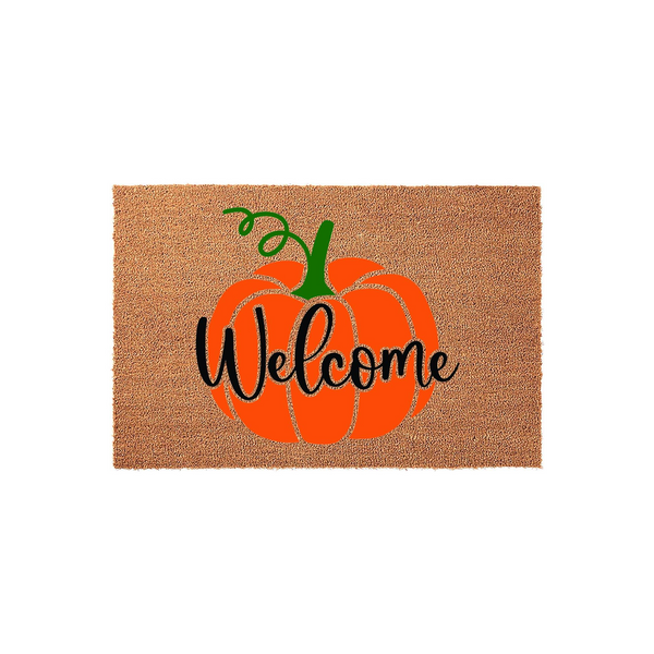 Pumpkin Welcome Doormat featuring a vibrant orange pumpkin illustration with a green stem on a natural coir background, with the word Welcome written in elegant black script across the center for a festive fall porch decor