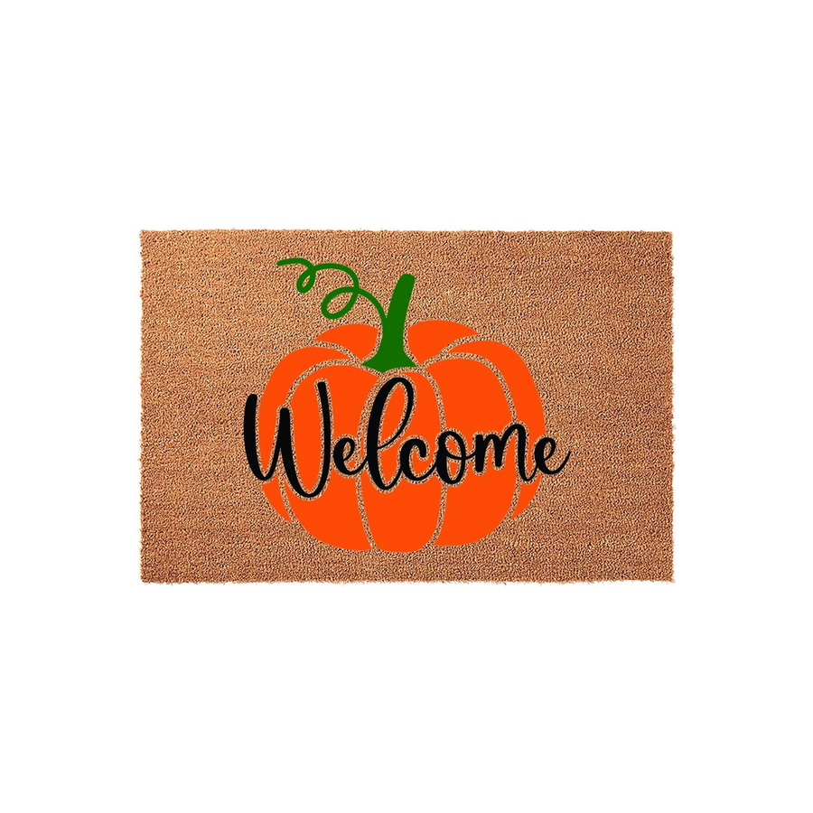 Pumpkin Welcome Doormat featuring a vibrant orange pumpkin illustration with a green stem on a natural coir background, with the word Welcome written in elegant black script across the center for a festive fall porch decor