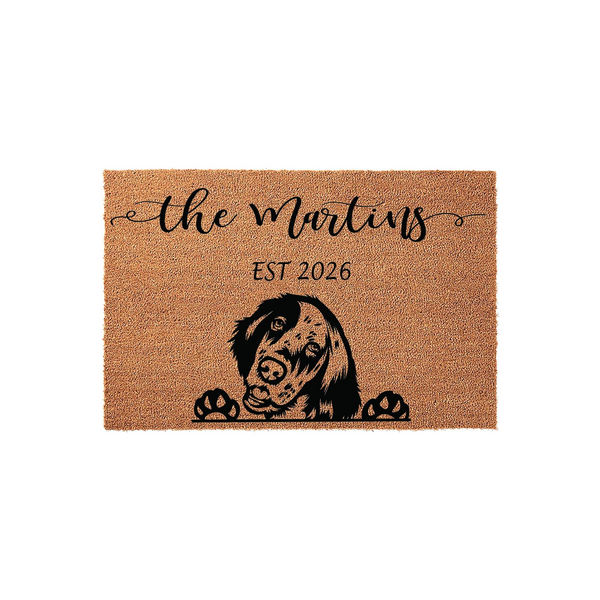 Personalized English Setter doormat featuring a cute dog illustration peeking over the bottom edge, customized with a family name and established year on a natural coir fiber background for a welcoming front porch entrance.