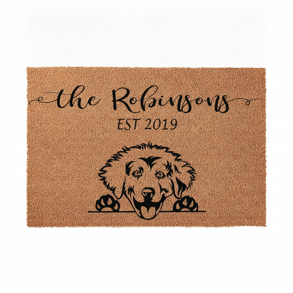 Personalized Golden Retriever doormat featuring a cute dog illustration peeking over a line, customized with a family name and established year on a natural coir fiber background for a welcoming front porch entrance.