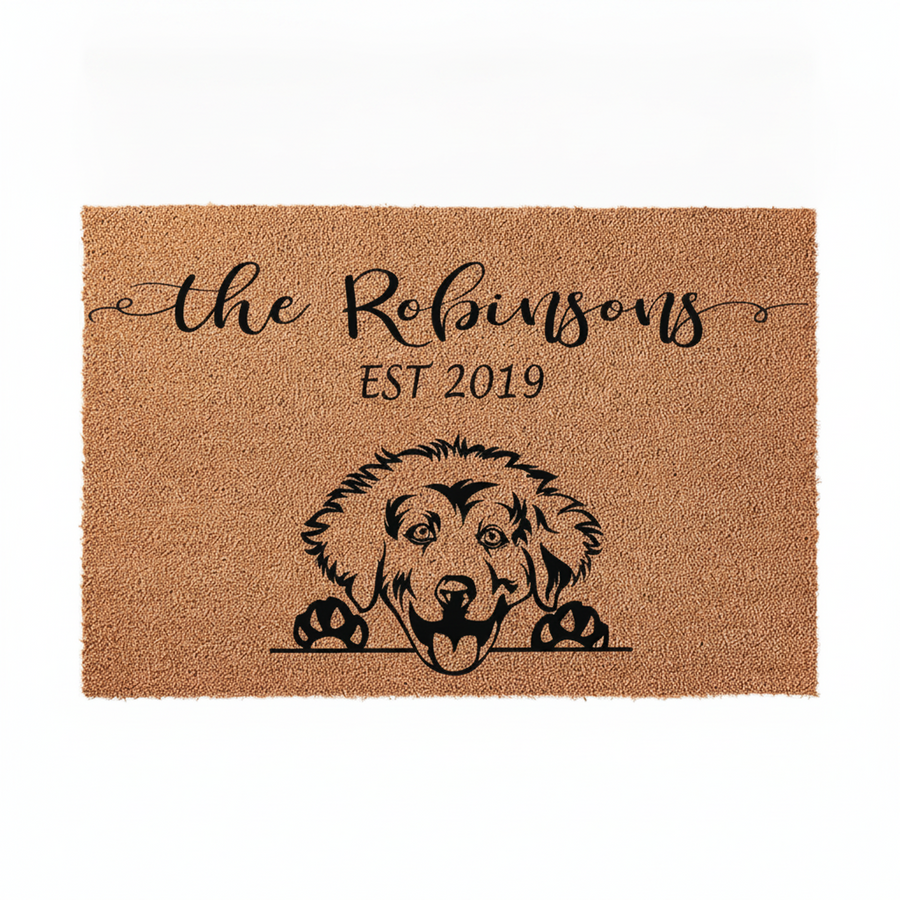 Personalized Golden Retriever doormat featuring a cute dog illustration peeking over a line, customized with a family name and established year on a natural coir fiber background for a welcoming front porch entrance.
