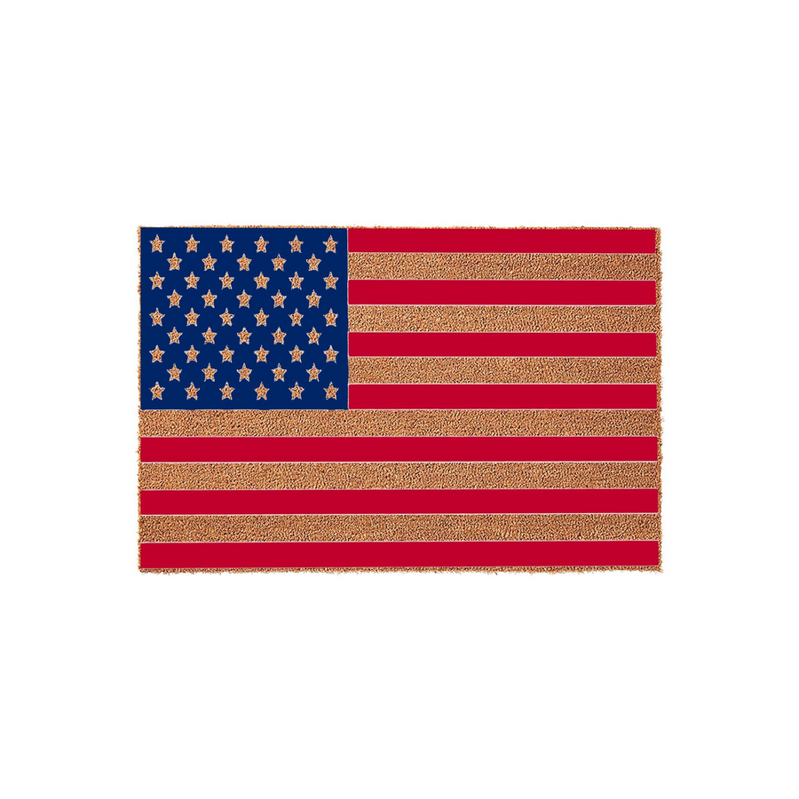 American Flag Coir Doormat featuring a classic stars and stripes design in vibrant red, white, and blue colors, crafted from durable natural coconut fiber material for a rustic and patriotic entryway decor piece on a plain white