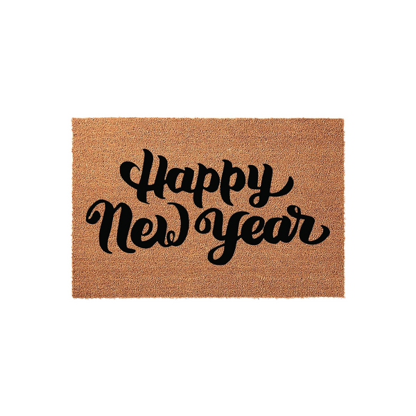 Happy New Year coir doormat featuring a natural brown fiber texture and bold black cursive lettering, providing a festive and welcoming entrance decoration for your front porch during the winter holiday season and January