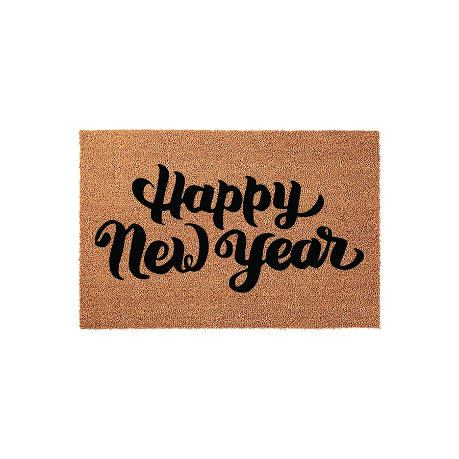 Happy New Year coir doormat featuring a natural brown fiber texture and bold black cursive lettering, providing a festive and welcoming entrance decoration for your front porch during the winter holiday season and January