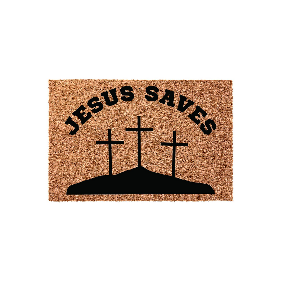 Jesus Saves religious coir doormat featuring a black silhouette of three crosses on a hill, printed on a natural tan coconut fiber mat against a clean white background for a welcoming and faith-inspired entryway decor piece.