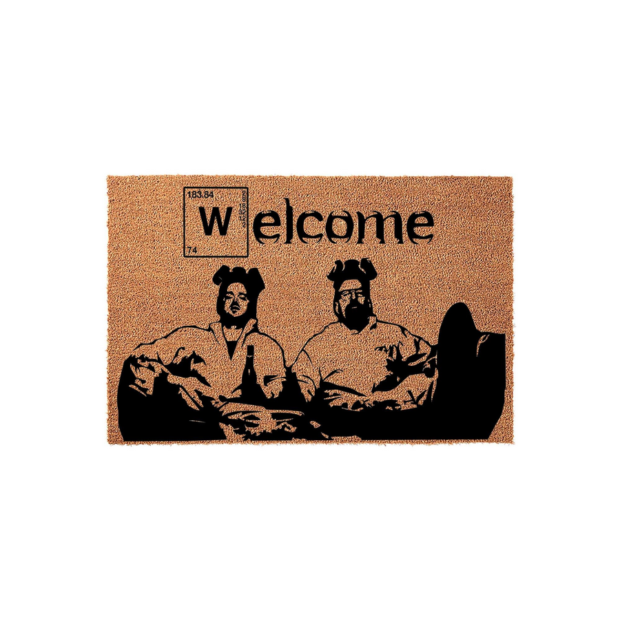 Breaking Bad themed welcome doormat featuring a natural coir texture with a black graphic of two iconic characters and the word welcome styled with periodic table elements, perfect for a fan of the show looking for unique home