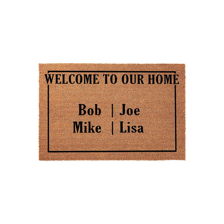 Personalized Welcome To Our Home coir doormat featuring a natural brown fiber texture and a clean black border, customized with four names arranged in a grid layout to create a welcoming entrance for any family or household front