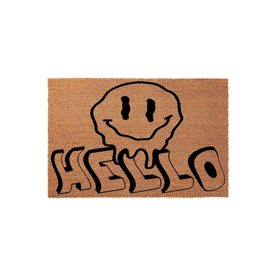 Hello Smiley Face Coir Doormat featuring a trendy, retro-inspired design with a black dripping smiley face icon and bold, wavy typography on a natural brown textured fiber background, perfect for a modern and welcoming front