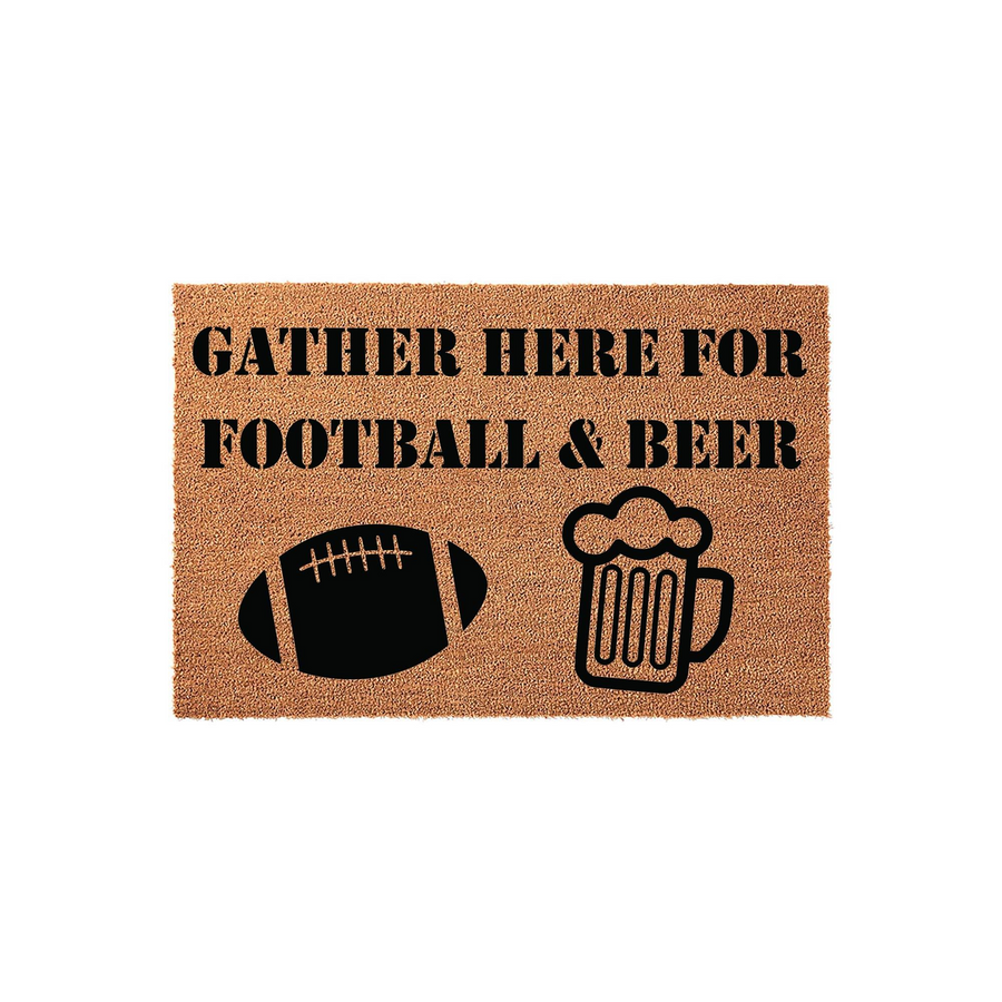 Football and Beer Coir Doormat featuring the text Gather Here For Football and Beer in bold black lettering, accompanied by a graphic of a football and a frothy mug of beer on a natural tan textured coir fiber background for a