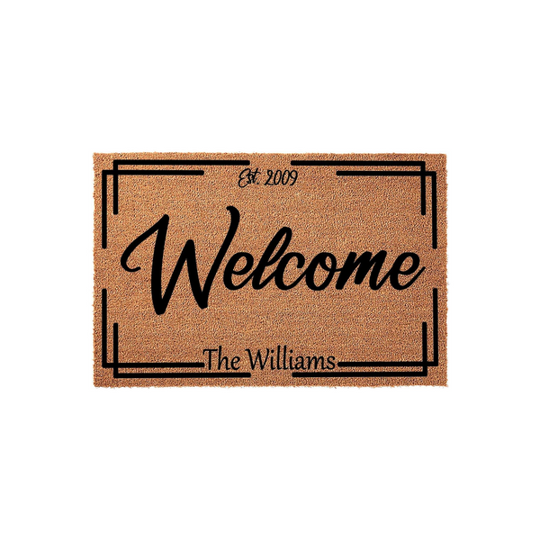 Personalized family name coir doormat featuring a modern black frame design, the word Welcome in elegant script, and a custom established year, making it a stylish and durable entrance rug for any home front porch or entryway.