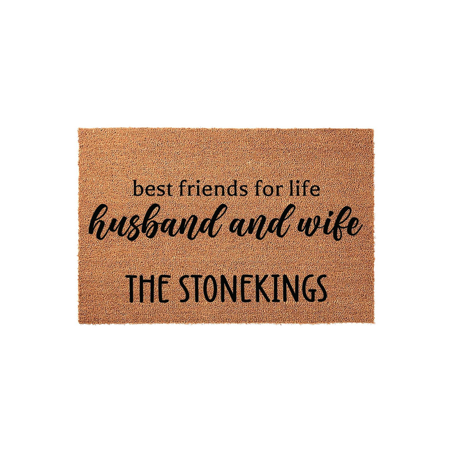 Personalized Husband and Wife Coir Doormat featuring the text best friends for life and a custom family name printed in black ink on a natural brown textured fiber background, creating a welcoming entrance for any married couple.