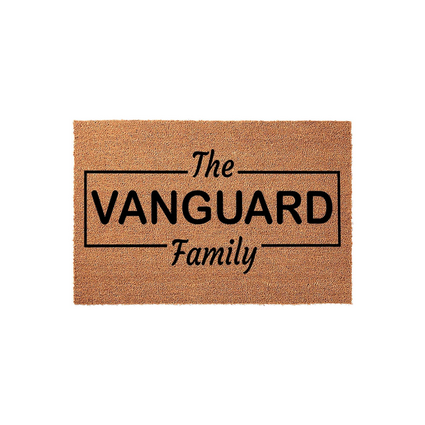 Personalized family name coir doormat featuring a rectangular border design with the text The Vanguard Family printed in a clean black font, set against a natural tan textured background for a welcoming front porch entrance decor.