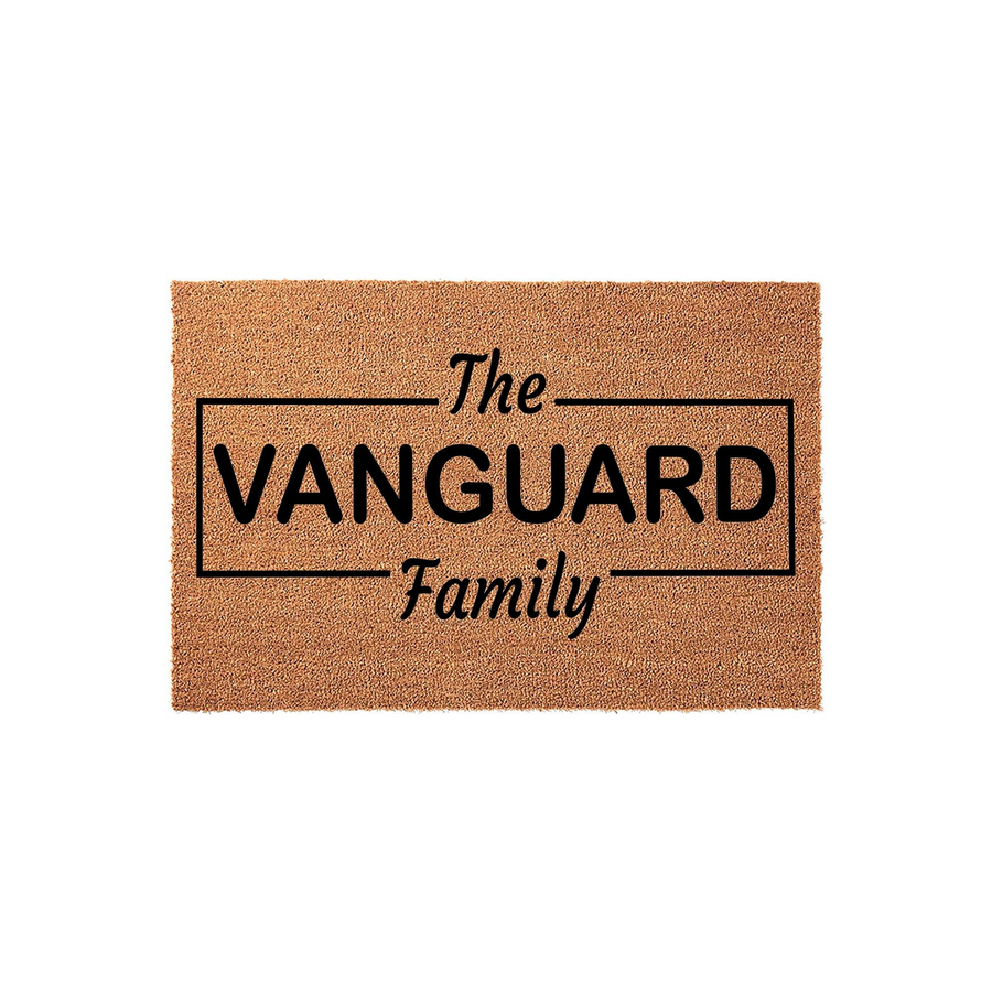 Personalized family name coir doormat featuring a rectangular border design with the text The Vanguard Family printed in a clean black font, set against a natural tan textured background for a welcoming front porch entrance decor.