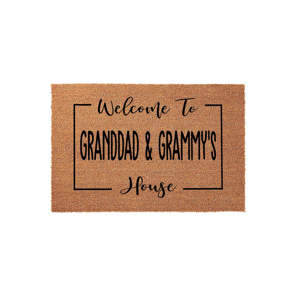 Personalized Granddad and Grammy's House doormat featuring a natural coir fiber texture with black printed text inside a simple rectangular border, creating a welcoming entrance for a grandparent's home on a clean white
