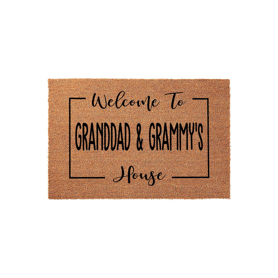 Personalized Granddad and Grammy's House doormat featuring a natural coir fiber texture with black printed text inside a simple rectangular border, creating a welcoming entrance for a grandparent's home on a clean white