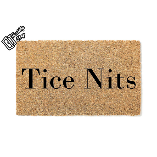 Personalized coir doormat featuring a custom family name printed in bold black serif lettering on a natural tan fiber background, creating a durable and welcoming entrance mat for your front porch or home entryway decor.