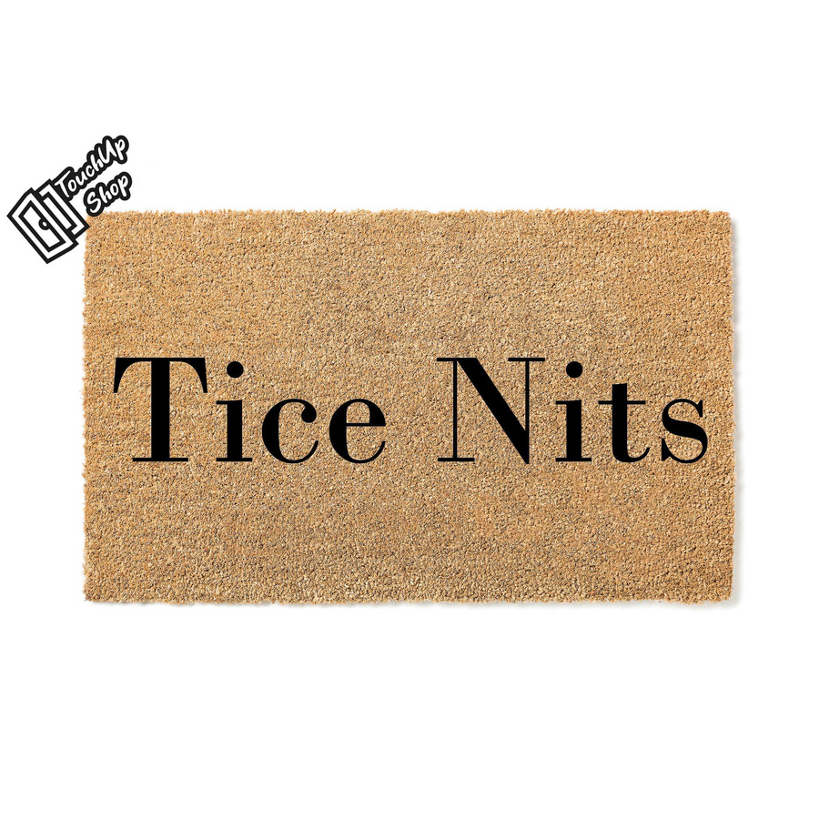 Personalized coir doormat featuring a custom family name printed in bold black serif lettering on a natural tan fiber background, creating a durable and welcoming entrance mat for your front porch or home entryway decor.