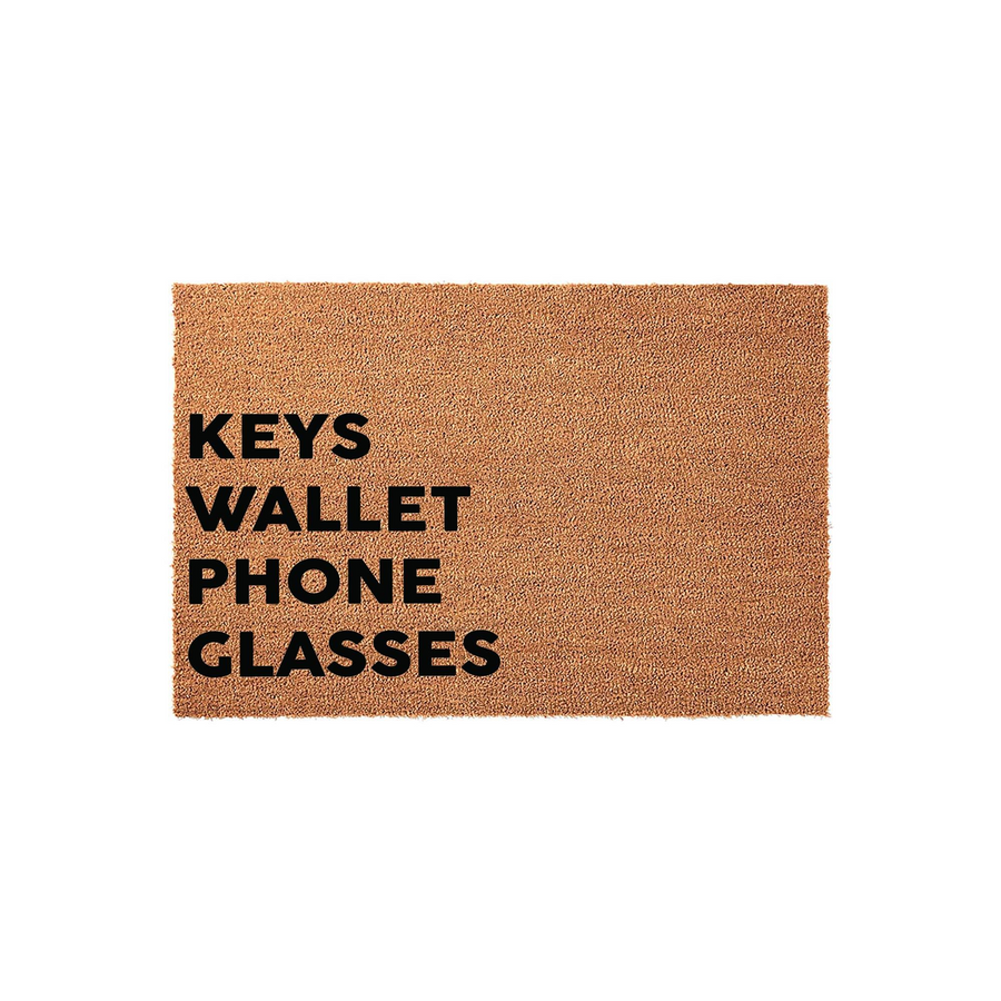 Keys Wallet Phone Glasses Doormat featuring a natural coir fiber texture and bold black lettering that serves as a functional entryway reminder for your daily essentials, set against a clean and simple white studio background.