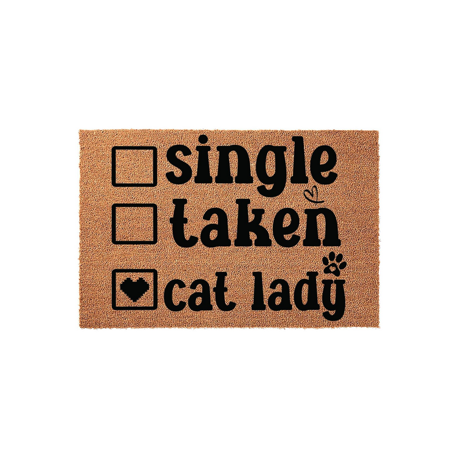 Funny Cat Lady Coir Doormat featuring a checklist design with the option for cat lady checked off with a heart, perfect for a cat lover home entrance with its durable natural fiber texture and bold black printed typography.