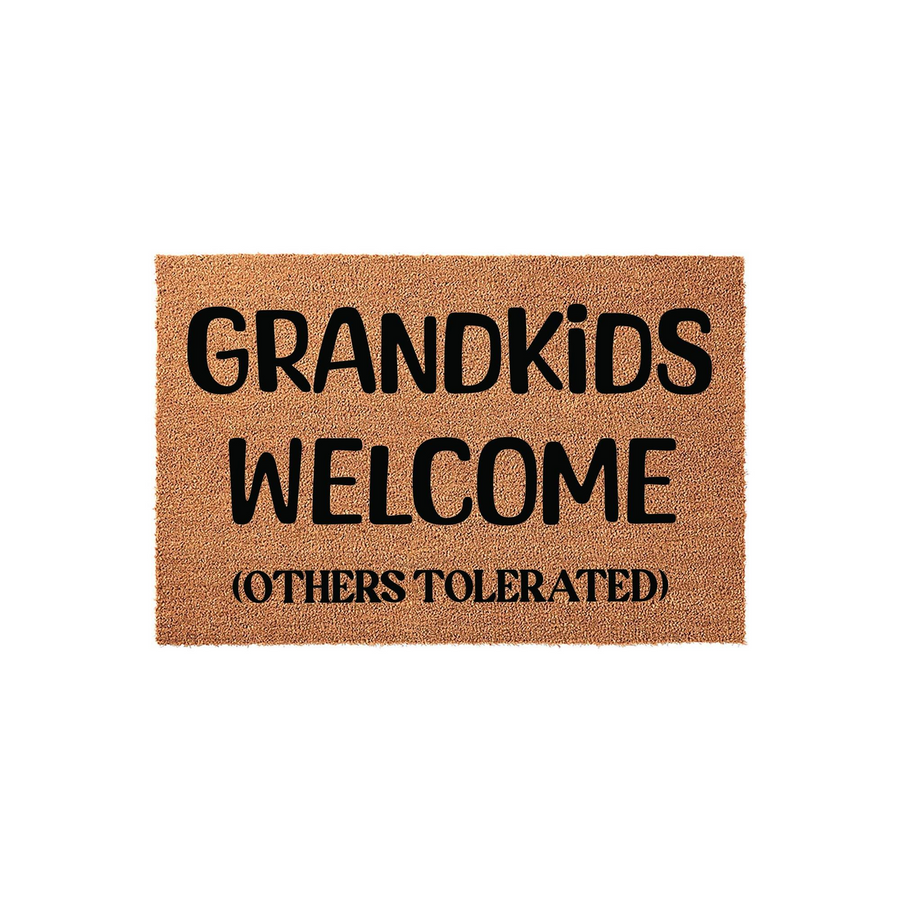 Grandkids Welcome Coir Doormat featuring bold black text on a natural brown fiber background, humorously stating Grandkids Welcome and Others Tolerated to create a fun entryway for any grandparent home on a plain white background.