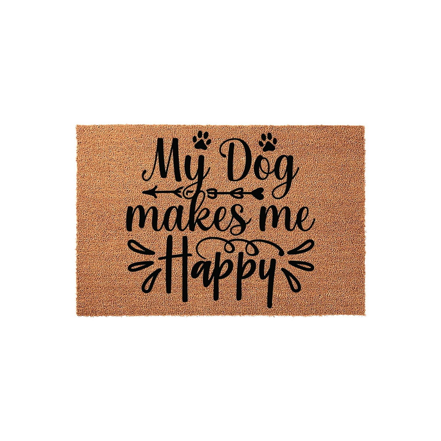 My Dog Makes Me Happy coir doormat featuring black text and paw print accents on a natural tan fiber background, creating a charming entryway rug for any pet lover who wants to celebrate their furry friend at their front door.