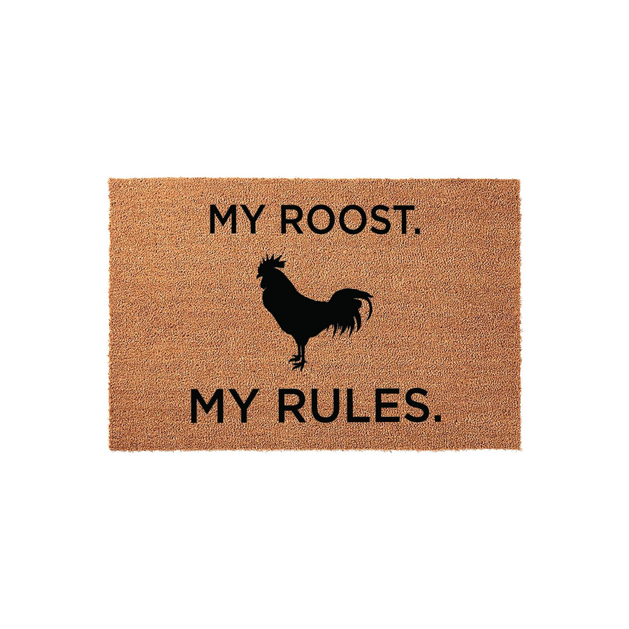 Rooster My Roost My Rules coir doormat featuring a bold black silhouette of a rooster centered between the humorous text, providing a rustic farmhouse welcome for your front porch entrance on a durable natural fiber welcome mat