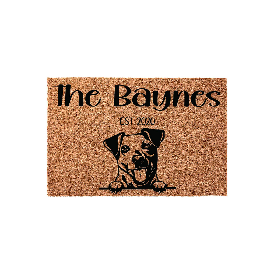 Personalized Jack Russell Terrier doormat featuring a cute dog illustration, custom family name text, and an established year on a natural coir fiber background, perfect for a welcoming front porch entrance for any dog-loving