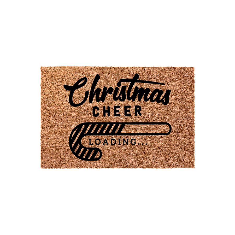 Christmas Cheer Loading Doormat featuring a natural coir texture with black printed text and a candy cane progress bar graphic, creating a festive holiday entryway decor piece for your front porch during the winter season.