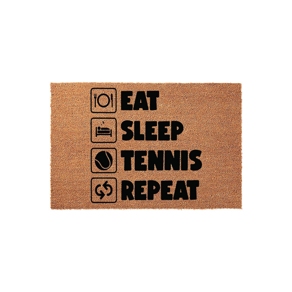Eat Sleep Tennis Repeat coir doormat featuring a natural brown fiber texture and bold black text with matching icons for each activity, making a fun and functional outdoor welcome mat for any tennis player or sports enthusiast