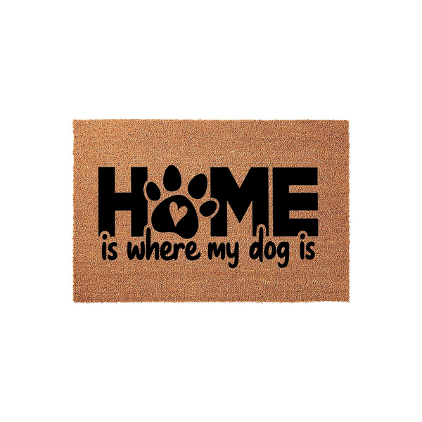 Home Is Where My Dog Is coir doormat featuring a bold black paw print design replacing the letter O in the word home, set against a natural tan textured fiber background that adds a rustic touch to any front porch or entryway