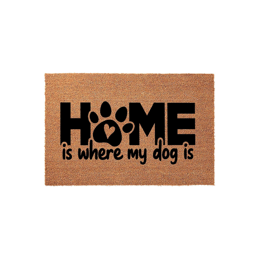 Home Is Where My Dog Is coir doormat featuring a bold black paw print design replacing the letter O in the word home, set against a natural tan textured fiber background that adds a rustic touch to any front porch or entryway