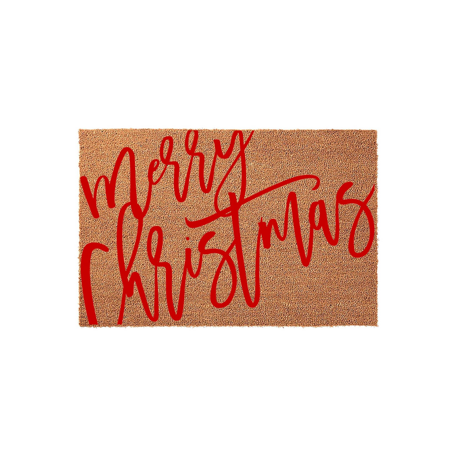 Merry Christmas coir doormat featuring a natural tan fiber texture and bold red script lettering that adds a festive touch to your front porch decor during the holiday season, shown against a clean white background.