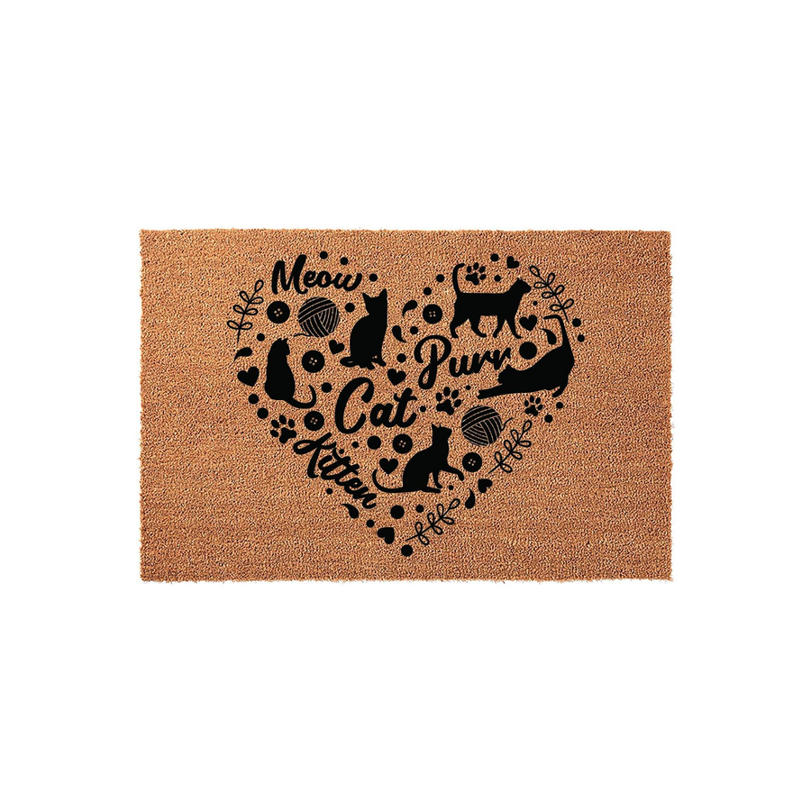 Cat Lover Coir Doormat featuring a heart-shaped design made of black silhouettes of cats, kittens, yarn balls, and paw prints, with the words Meow, Purr, Cat, and Kitten printed in a charming script on a natural tan fiber