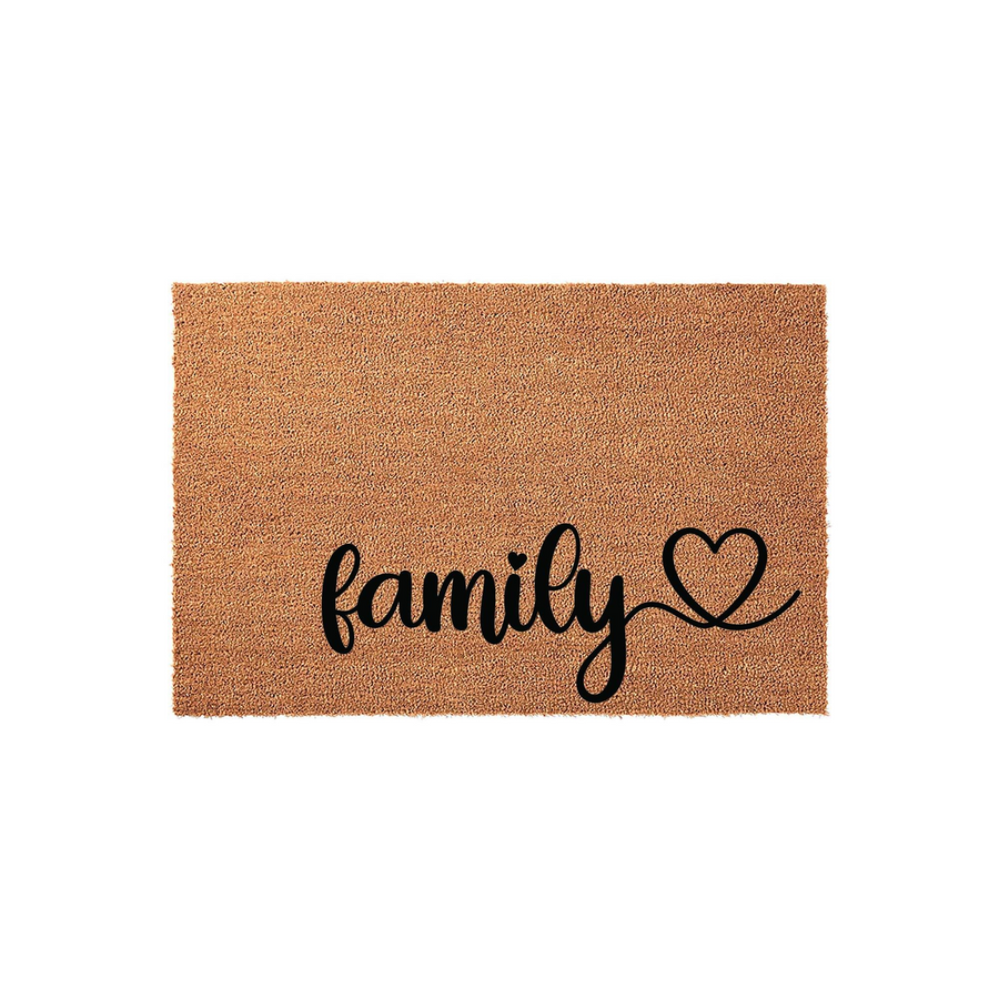 Family Coir Doormat featuring a natural brown textured surface with the word family written in elegant black script lettering, accompanied by a small heart icon on a clean white background for a welcoming home entrance decor