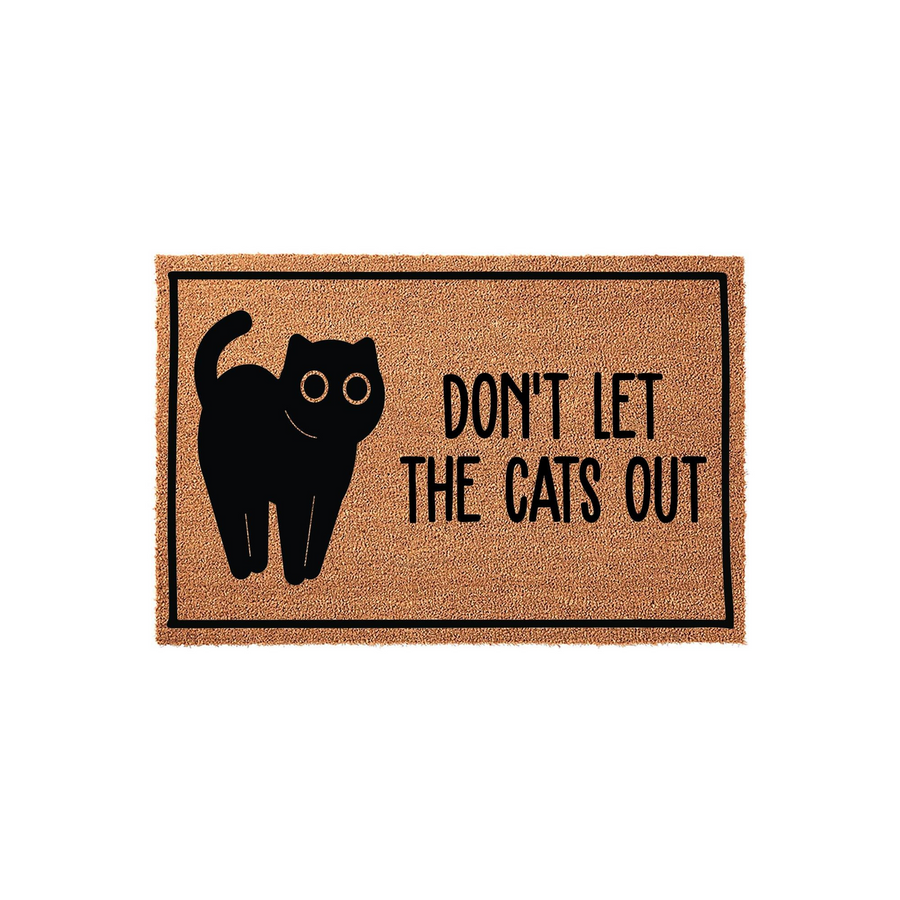 Funny Cat Welcome Doormat featuring a black cat illustration and the text Don't Let The Cats Out printed on a natural brown coir fiber mat, providing a humorous and practical entryway decor piece for any cat lover's home front