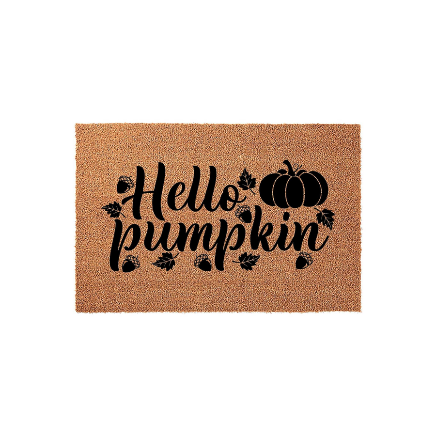 Hello Pumpkin coir doormat featuring a natural brown fiber texture with black printed text and autumn-themed graphics including a pumpkin, acorns, and leaves, creating a festive fall entryway decor piece for your front porch.