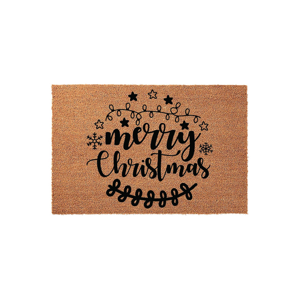 Merry Christmas coir doormat featuring a festive design with black script lettering, twinkling string lights, and stars printed on a natural tan fiber background, creating a welcoming holiday entrance for your front porch decor.