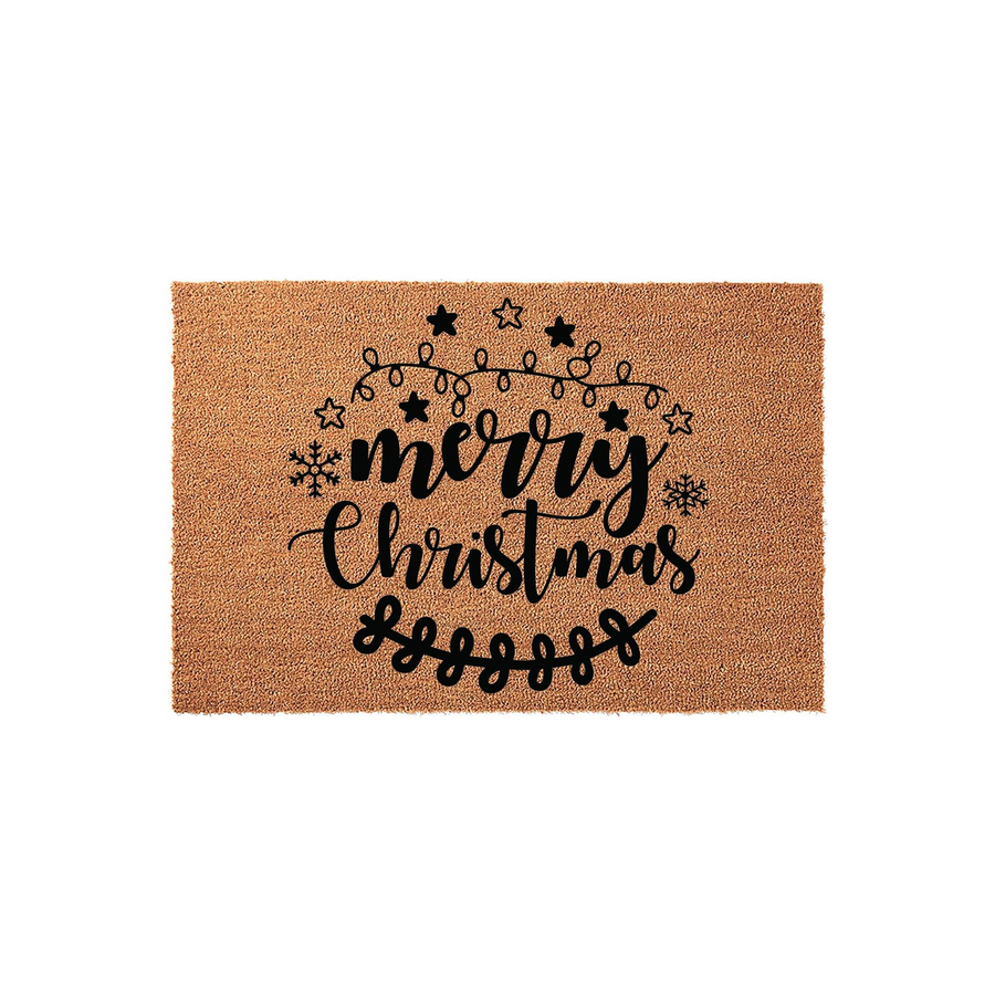Merry Christmas coir doormat featuring a festive design with black script lettering, twinkling string lights, and stars printed on a natural tan fiber background, creating a welcoming holiday entrance for your front porch decor.