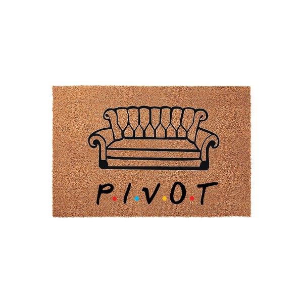 Friends TV show inspired coir doormat featuring a black line art illustration of the iconic orange couch and the word PIVOT printed in a bold font with colorful dots between the letters on a natural brown textured fiber