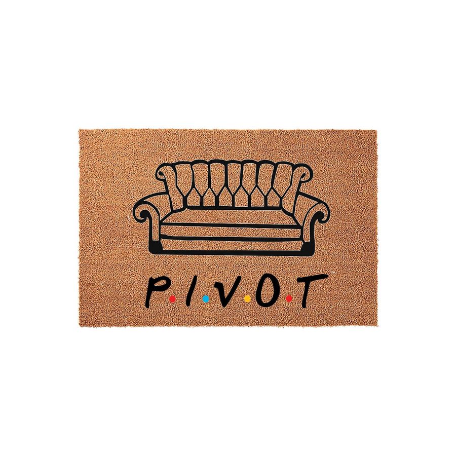 Friends TV show inspired coir doormat featuring a black line art illustration of the iconic orange couch and the word PIVOT printed in a bold font with colorful dots between the letters on a natural brown textured fiber