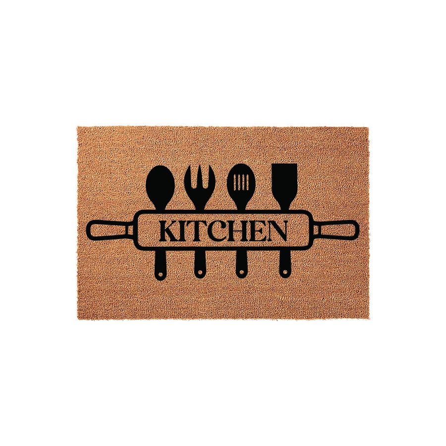 Kitchen Coir Doormat featuring a black graphic of a rolling pin with the word Kitchen printed across it, surrounded by various cooking utensils like a spoon, fork, and spatula on a natural brown textured fiber background for home