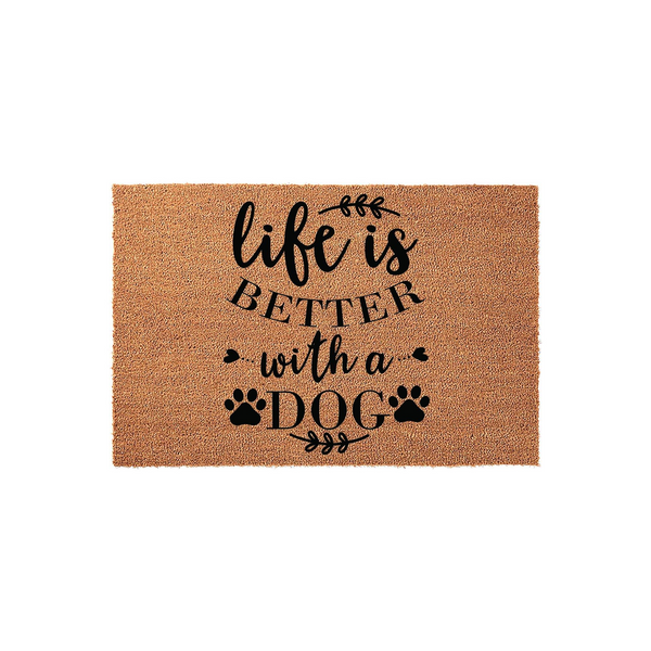 Life is Better with a Dog coir doormat featuring black printed text and paw print accents on a natural brown fiber background, creating a welcoming entryway decor piece for any pet lover's home front porch or indoor mudroom
