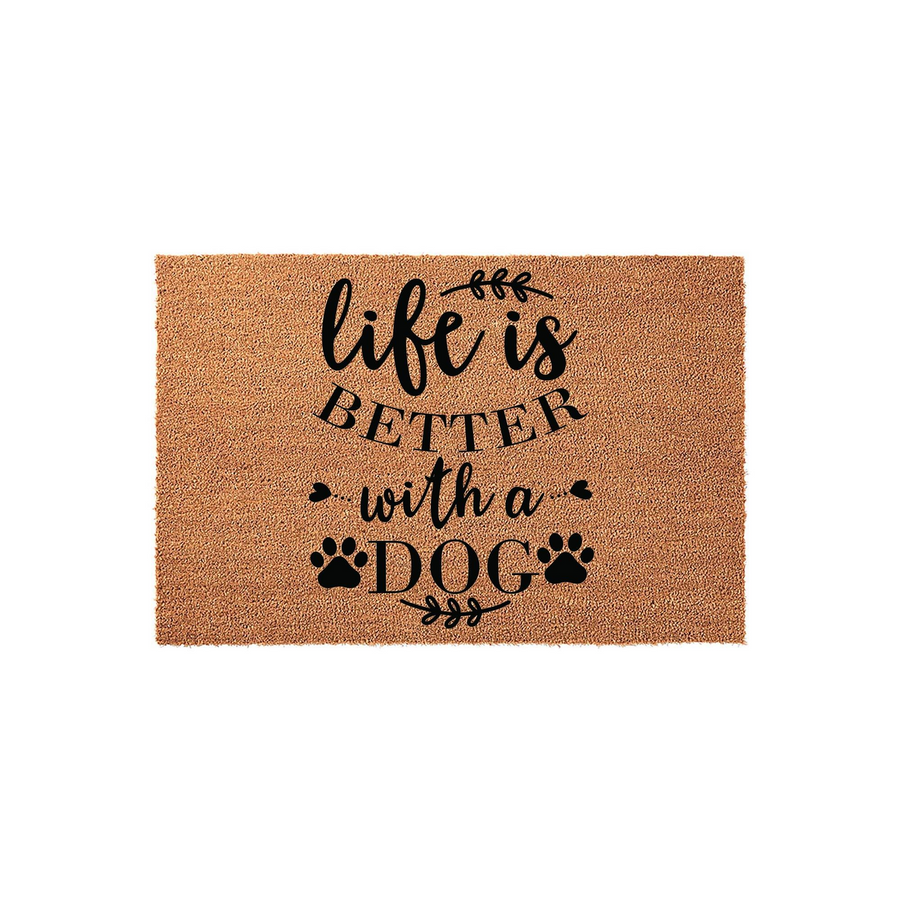 Life is Better with a Dog coir doormat featuring black printed text and paw print accents on a natural brown fiber background, creating a welcoming entryway decor piece for any pet lover's home front porch or indoor mudroom