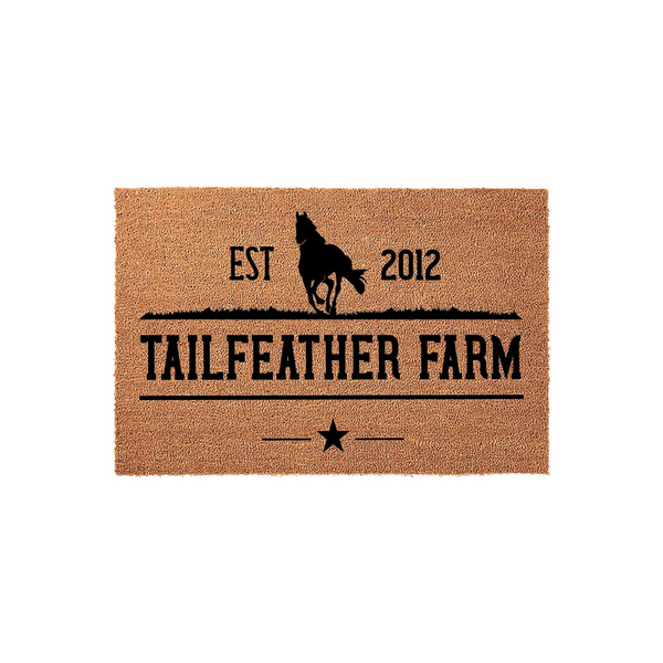 Personalized Horse Farm Coir Doormat featuring a black silhouette of a running horse, the text Tailfeather Farm, and the established year 2012 printed in a rustic font on a natural brown textured coir fiber background for a