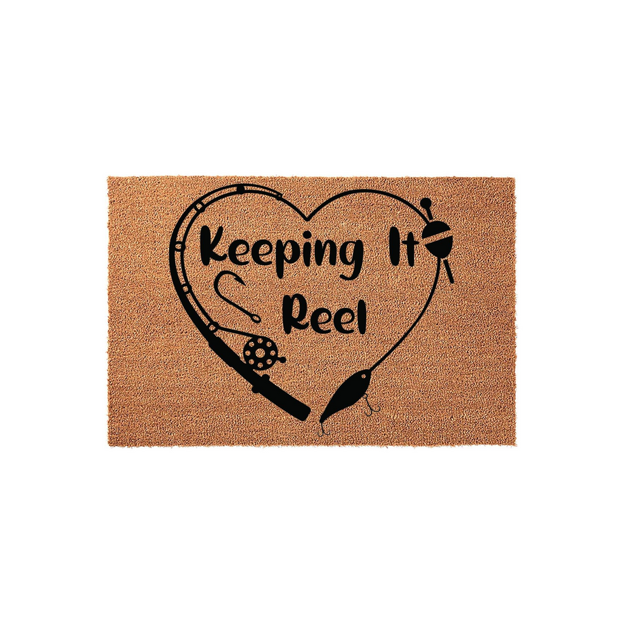 Fishing Themed Coir Doormat featuring a heart-shaped design made from a fishing rod, line, and bobber, with the text Keeping It Reel printed in black in the center against a natural tan textured coir background for a rustic
