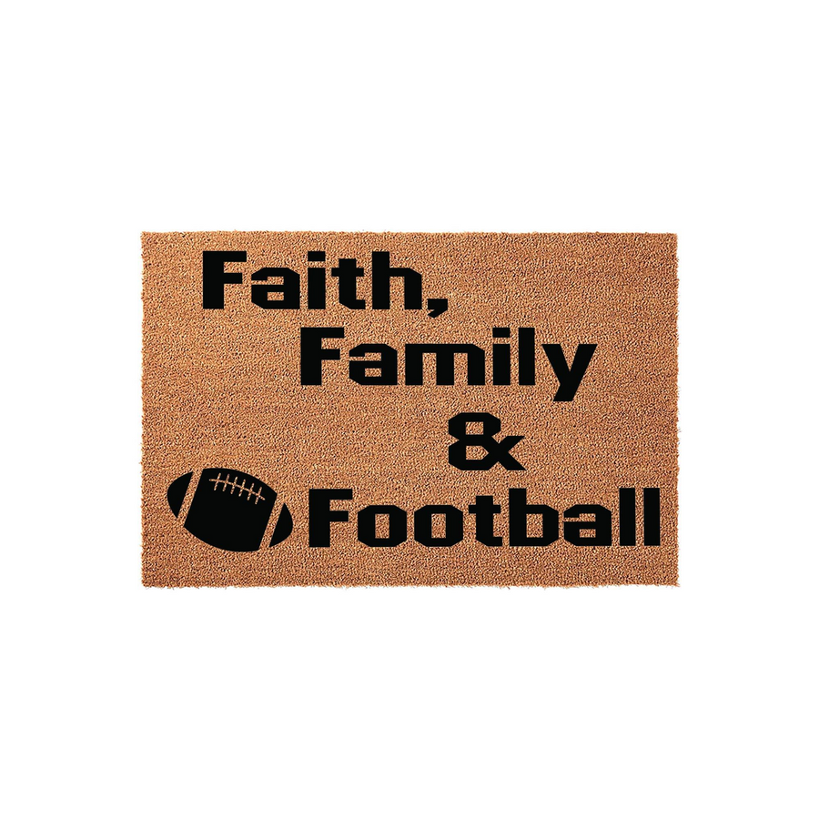 Faith, Family and Football coir doormat featuring bold black text and a graphic of a football on a natural brown fiber background, creating a sporty and welcoming entrance for any home that loves the game and values time together.