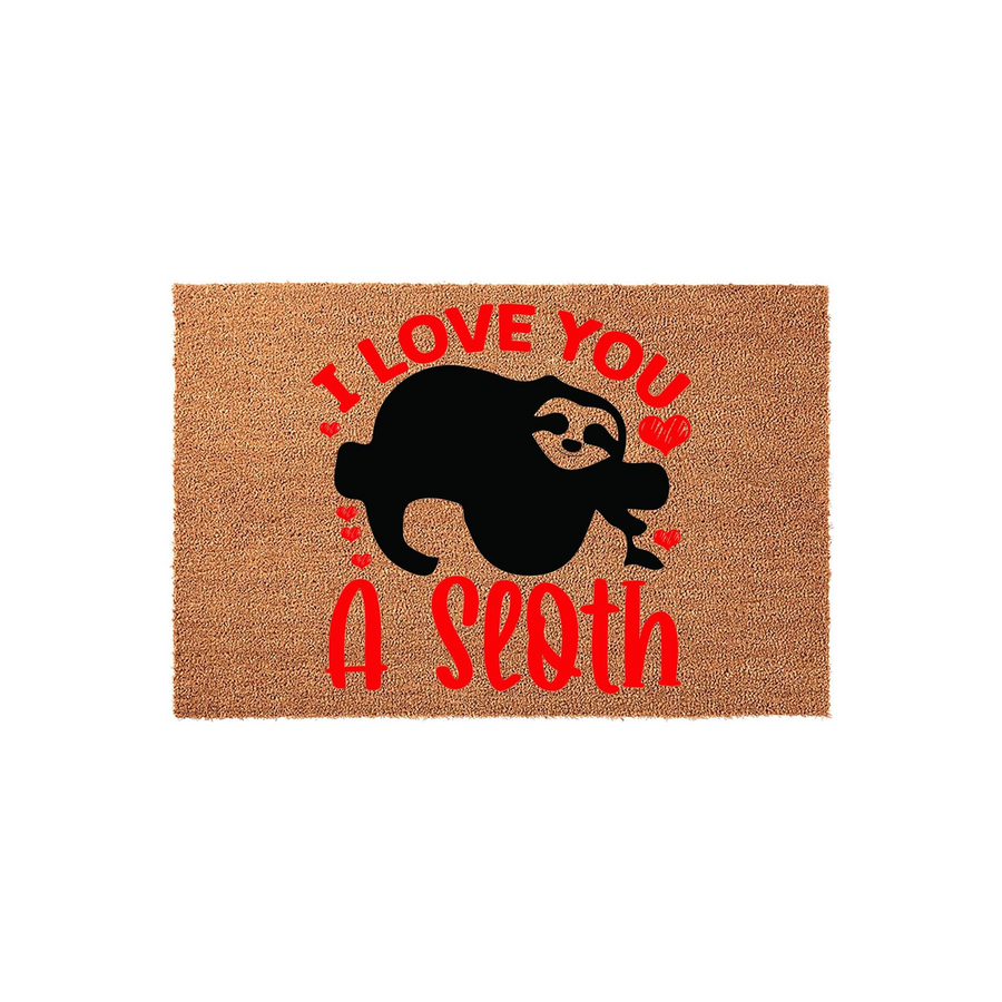 Sloth themed coir doormat featuring a black silhouette of a hanging sloth surrounded by red hearts and the playful text I Love You A Sloth in bold red lettering, set against a natural brown textured fiber background for a fun