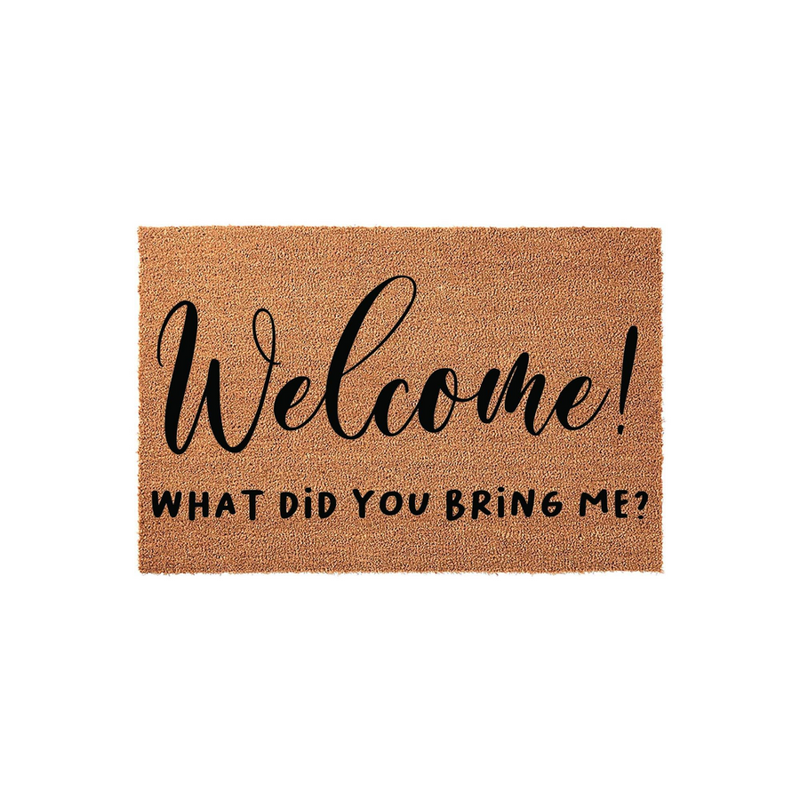 Funny Welcome Doormat featuring a natural coir texture with the word Welcome in elegant script and the humorous phrase What Did You Bring Me printed in bold black lettering, creating a playful entryway decor piece for your front